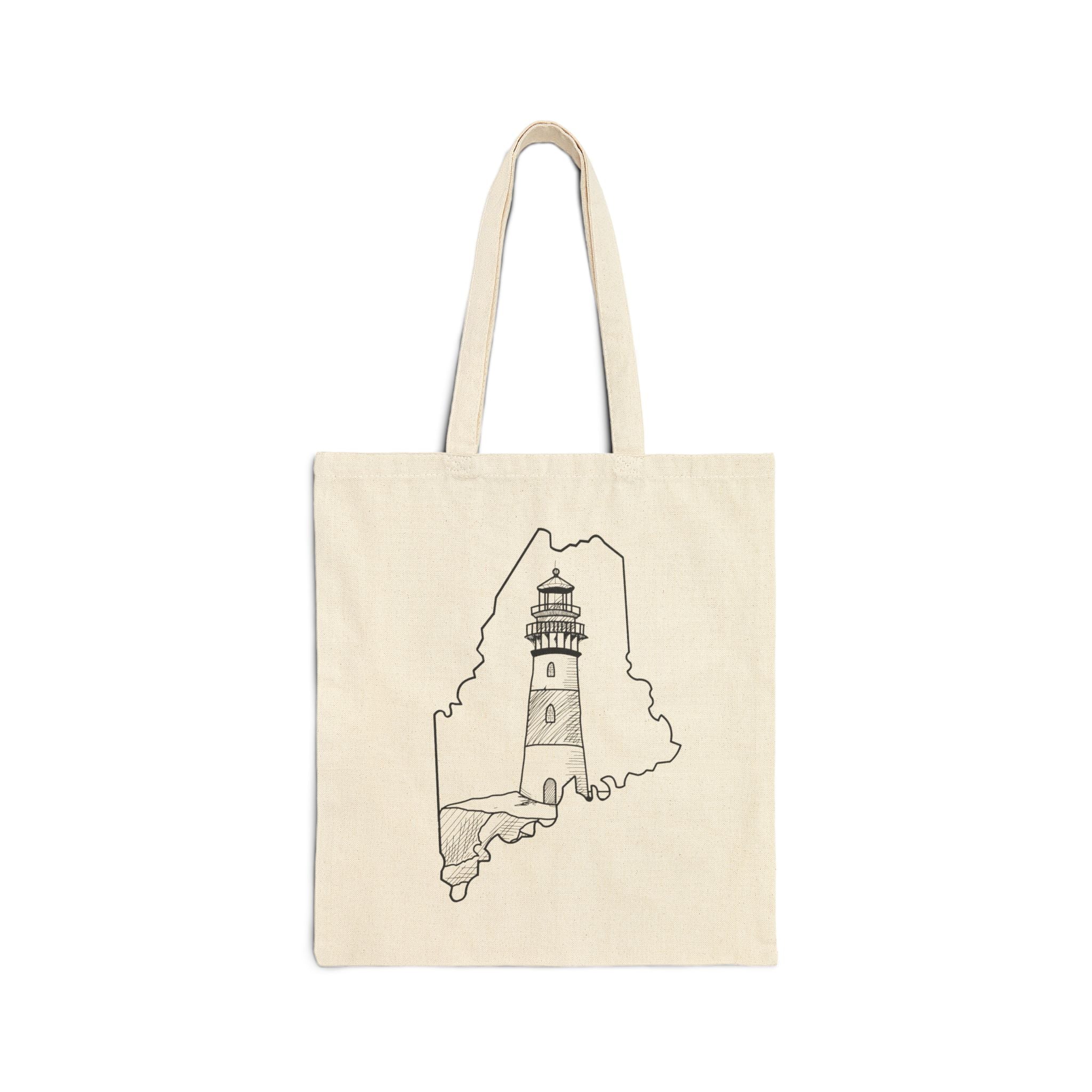 Maine State Outline, Lighthouse, Merch Bag Original Hand Drawn Tote