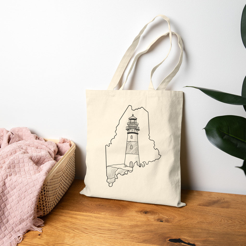 Maine State Outline, Lighthouse, Merch Bag Original Hand Drawn Tote