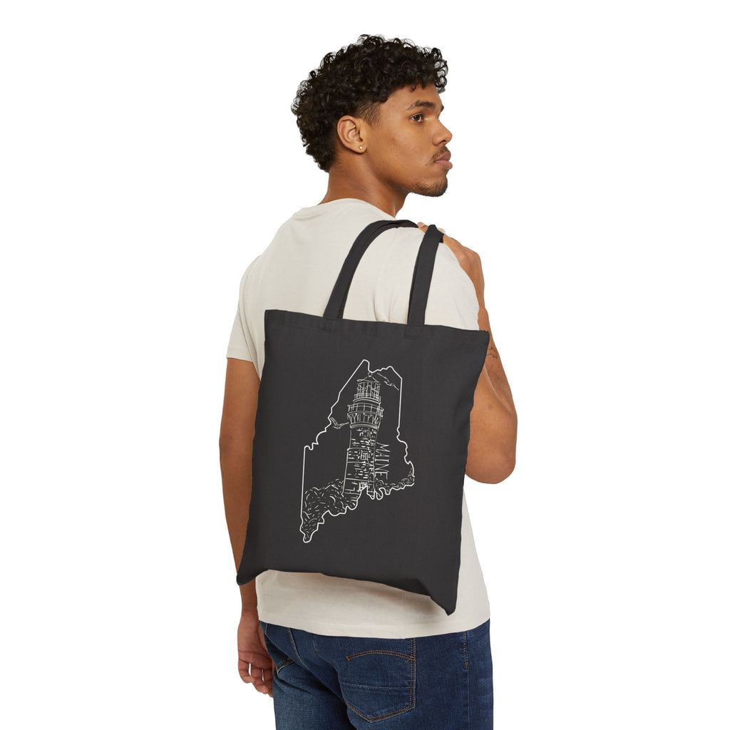 Coastal Lighthouse, Maine State Outline, Merch Bag Original Hand Drawn Tote