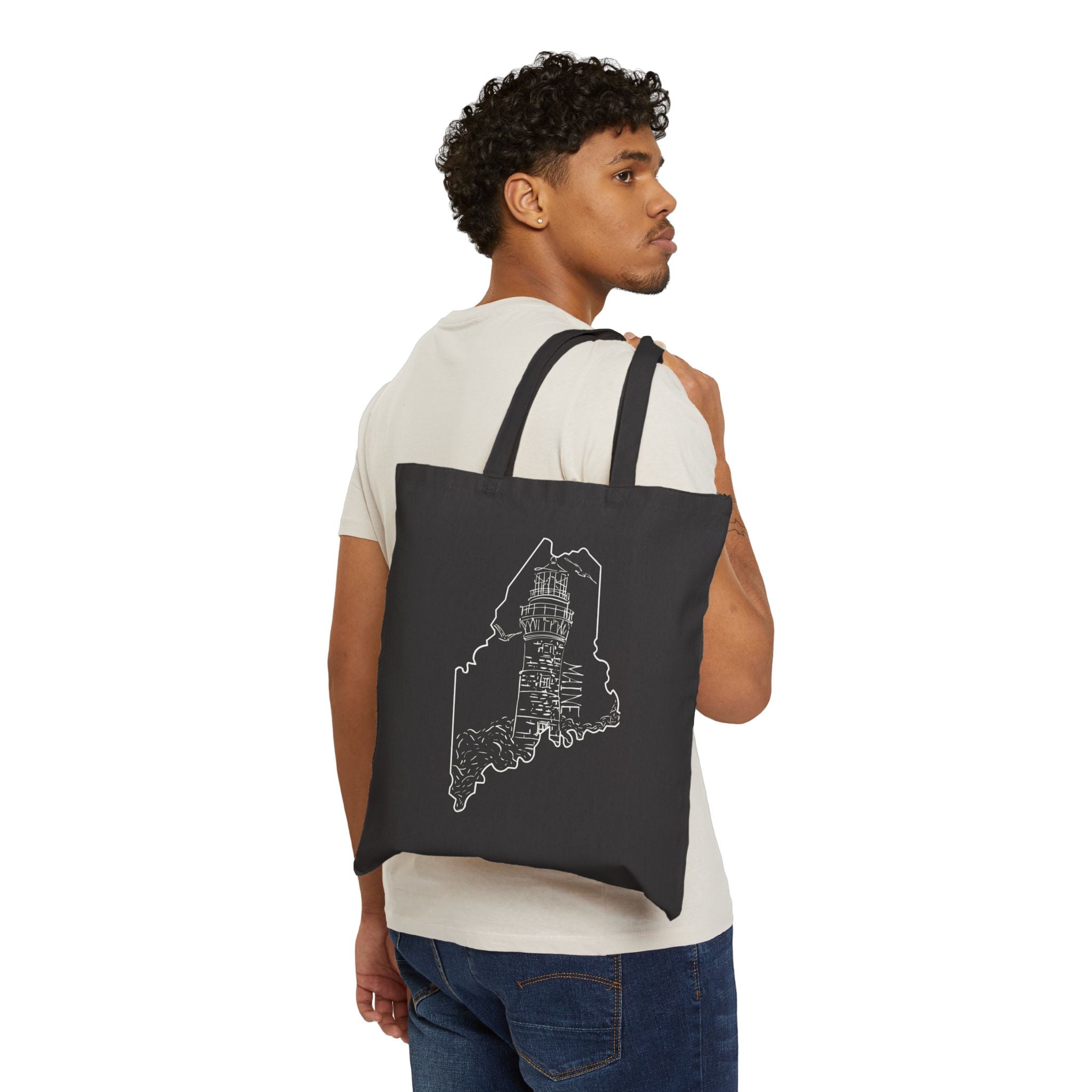 Coastal Lighthouse, Maine State Outline, Merch Bag Original Hand Drawn Tote