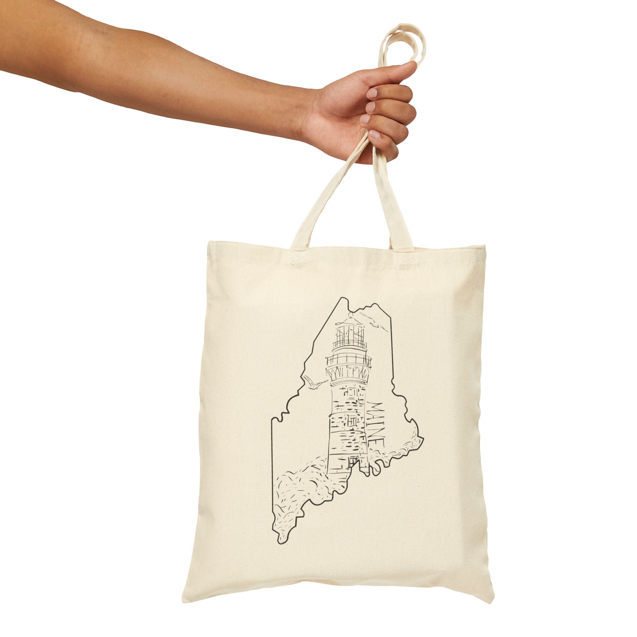 Coastal Lighthouse, Maine State Outline, Merch Bag Original Hand Drawn Tote