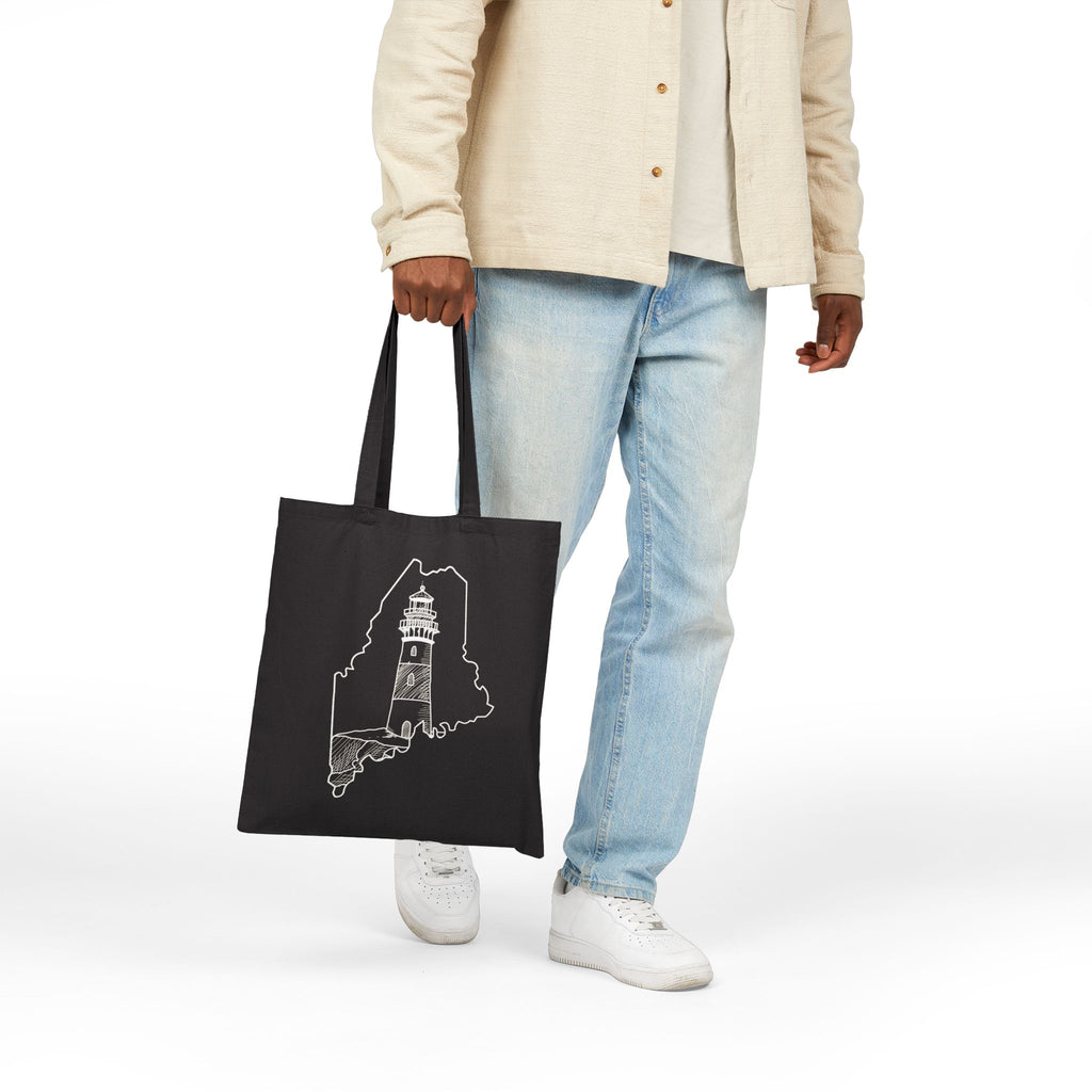 Maine State Outline, Lighthouse, Merch Bag Original Hand Drawn Tote