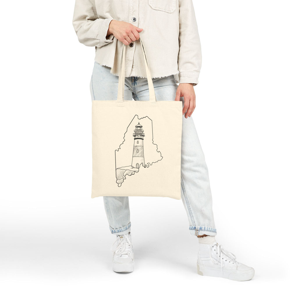 Maine State Outline, Lighthouse, Merch Bag Original Hand Drawn Tote