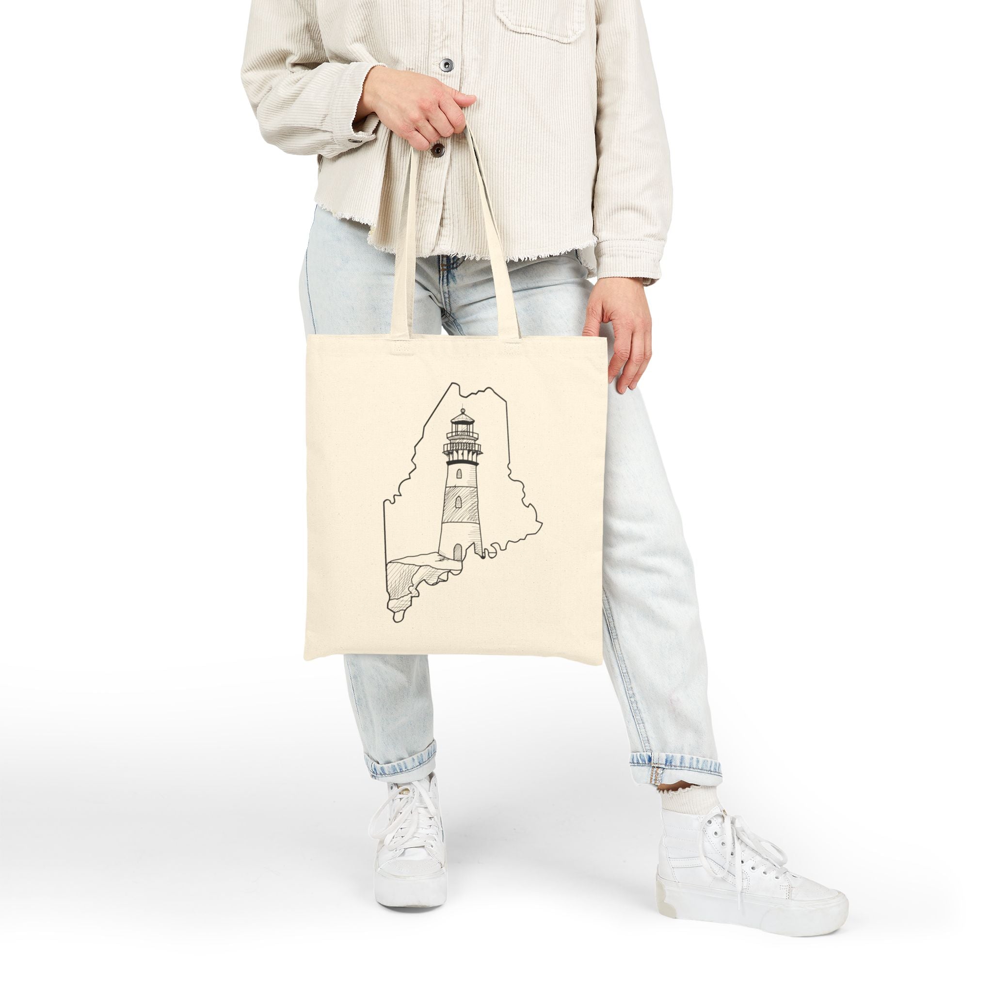 Maine State Outline, Lighthouse, Merch Bag Original Hand Drawn Tote