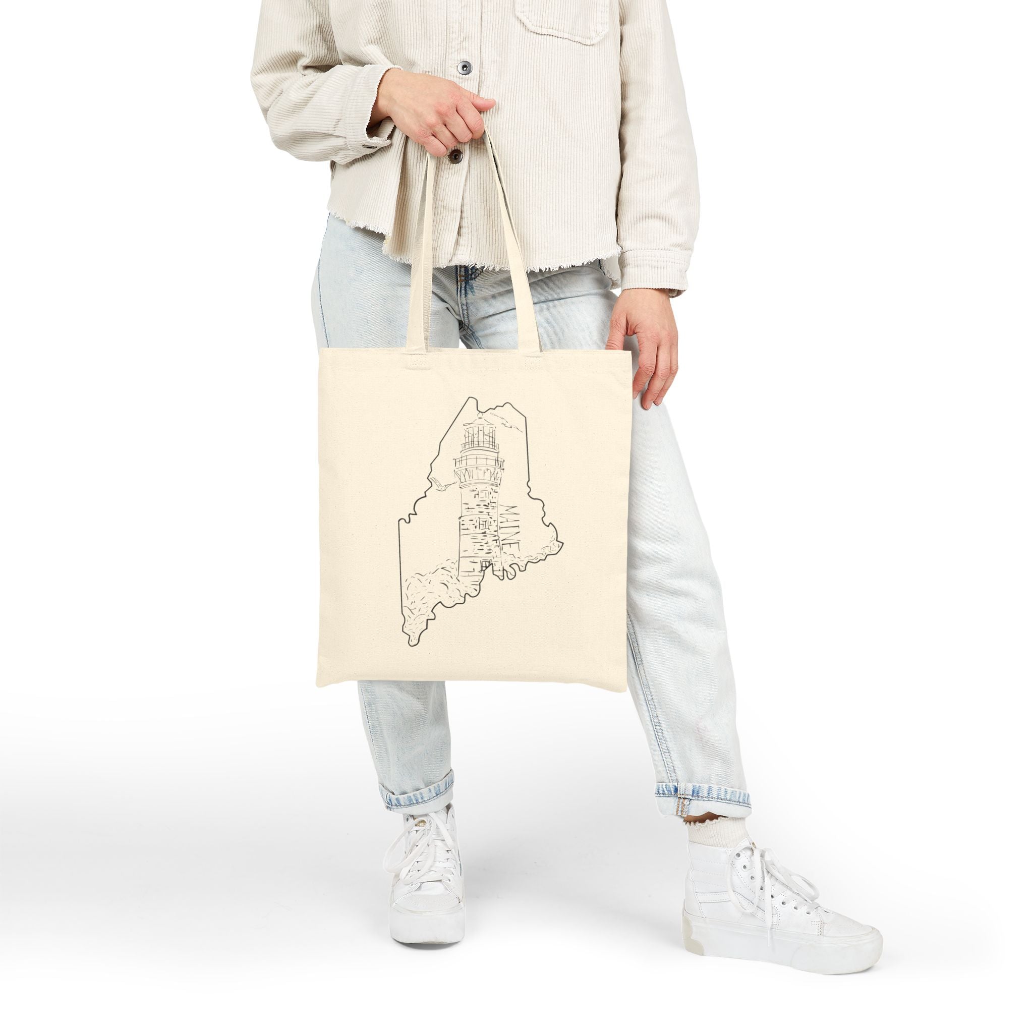 Coastal Lighthouse, Maine State Outline, Merch Bag Original Hand Drawn Tote