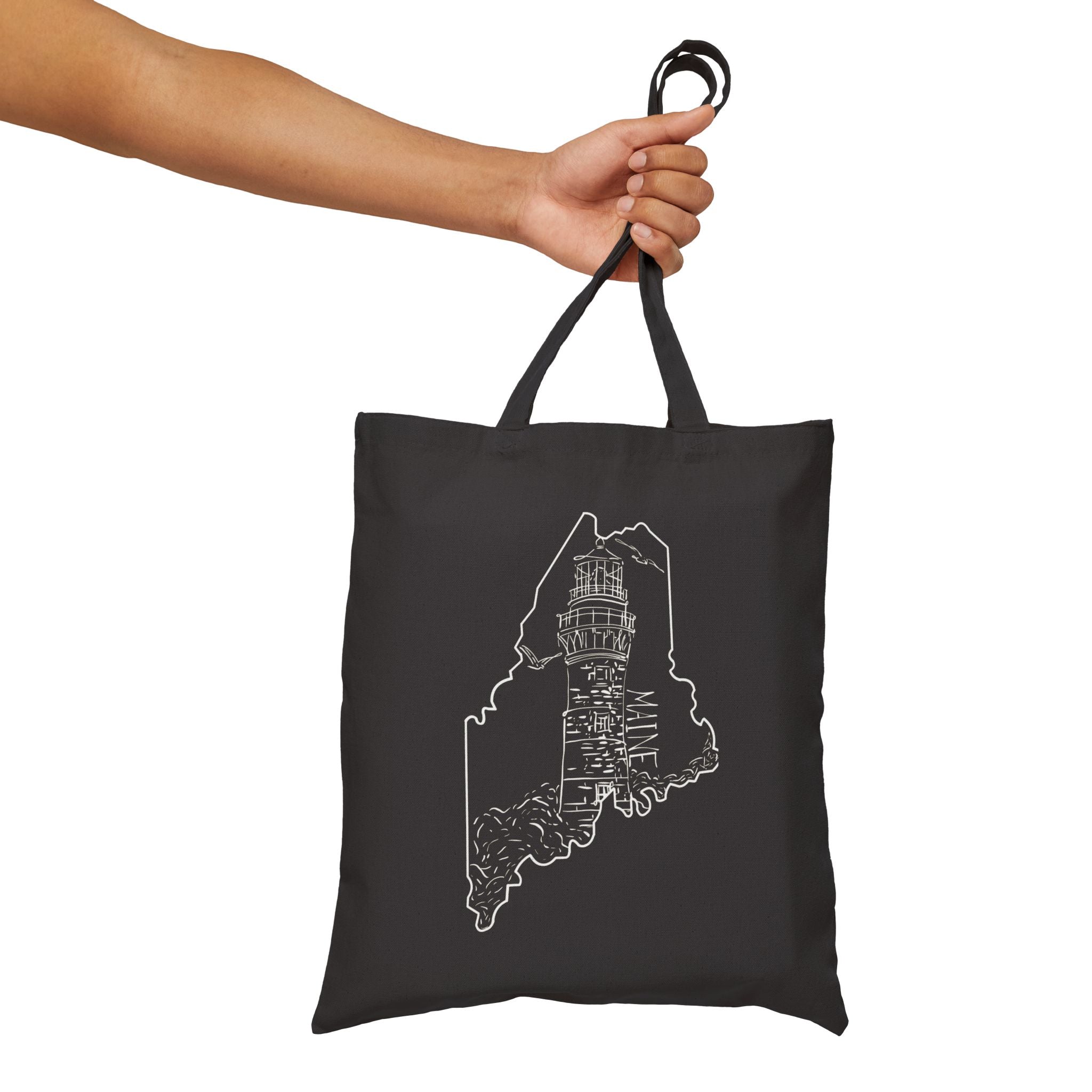 Coastal Lighthouse, Maine State Outline, Merch Bag Original Hand Drawn Tote