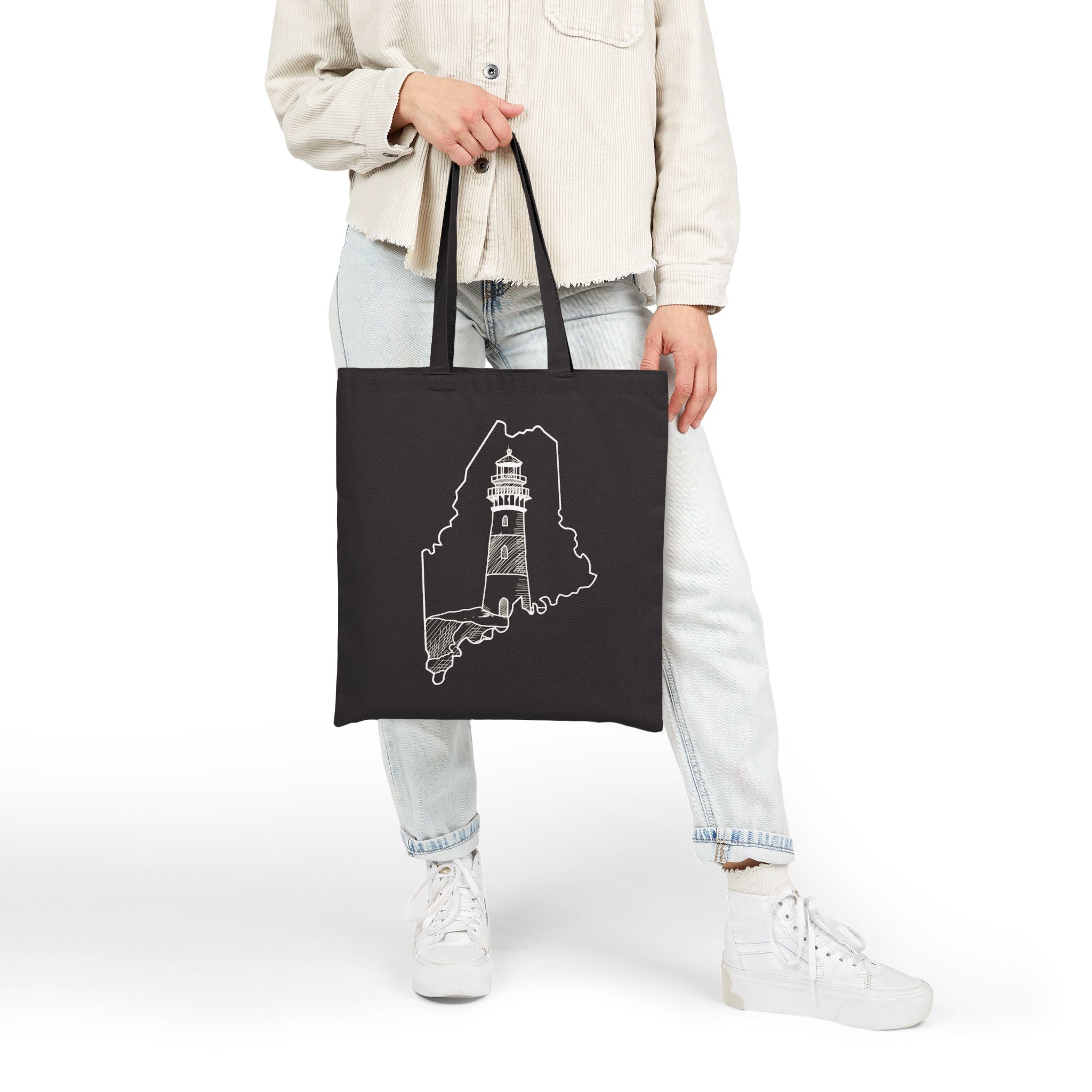 Maine State Outline, Lighthouse, Merch Bag Original Hand Drawn Tote