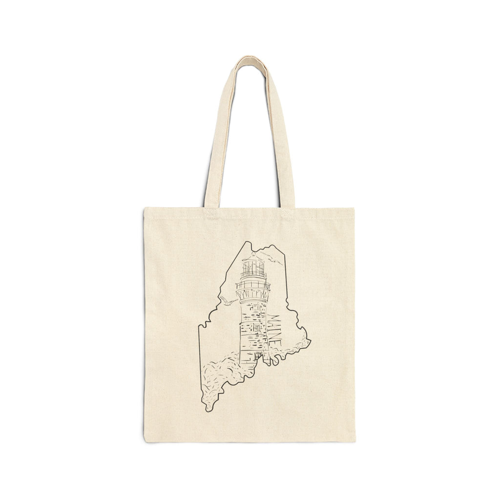 Coastal Lighthouse, Maine State Outline, Merch Bag Original Hand Drawn Tote