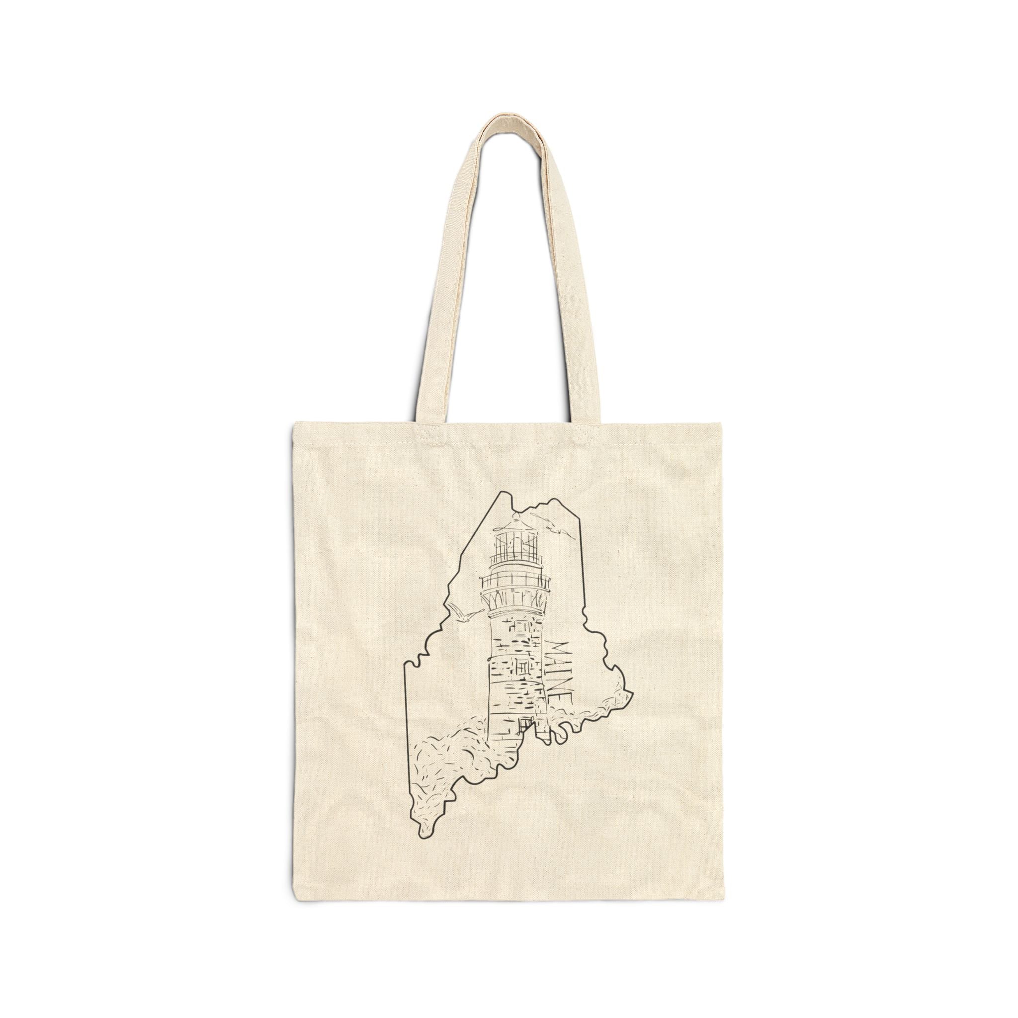 Coastal Lighthouse, Maine State Outline, Merch Bag Original Hand Drawn Tote