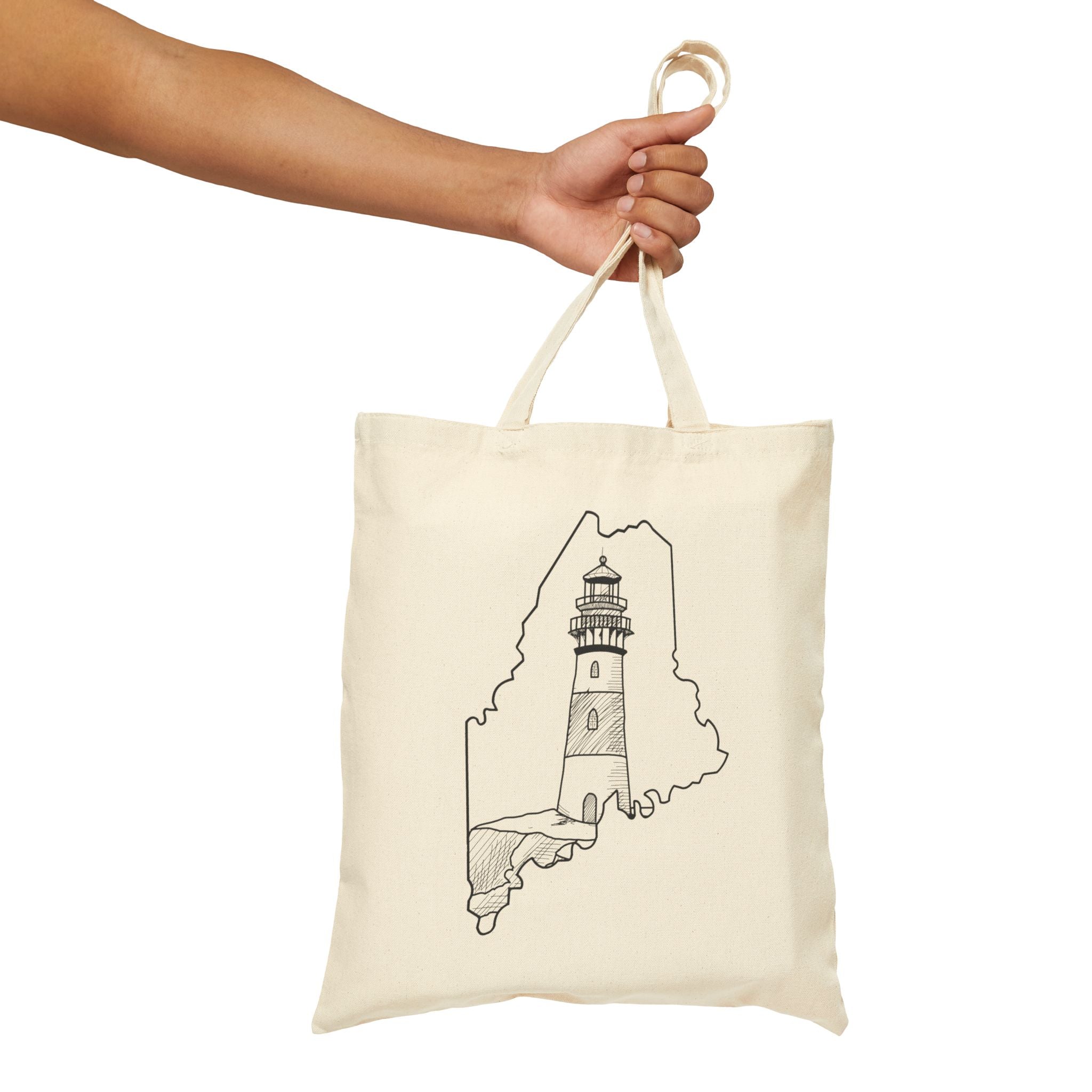 Maine State Outline, Lighthouse, Merch Bag Original Hand Drawn Tote