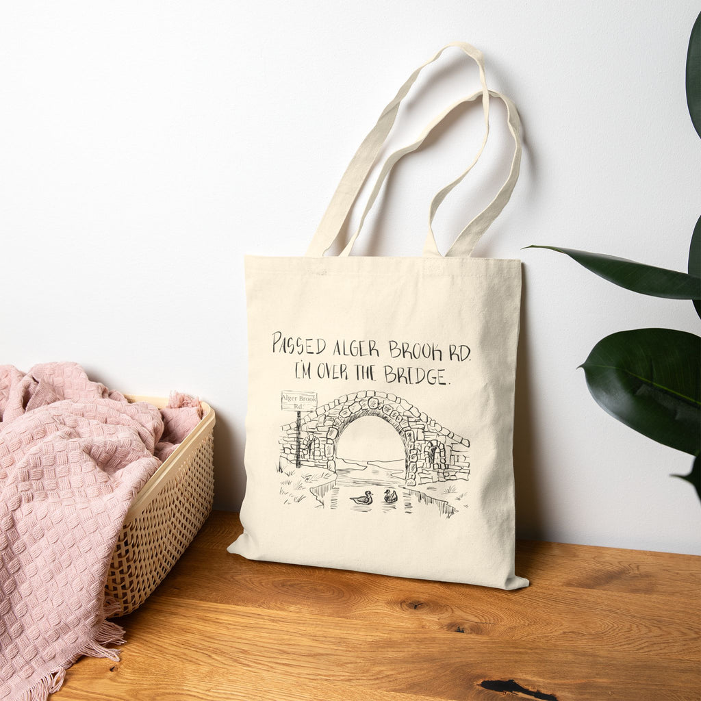Passed Alger Brook Rd, I'm Over the Bridge Bet Villages Tote Original Hand Drawn Bag